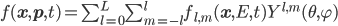  f(\mathbf{x},\mathbf{p},t) = \sum_{l=0}^L \sum_{m=-l}^l f_{l,m}(\mathbf{x}, E, t) Y^{l,m}(\theta, \varphi) 
