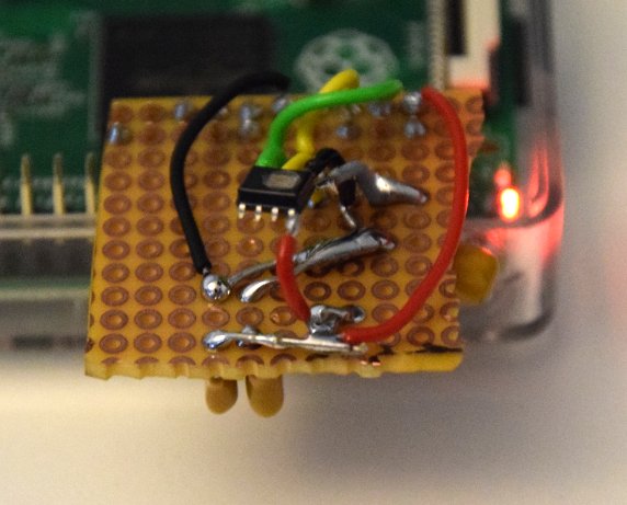 Front view of my HIH8131 shield for the Raspberry Pi 2. The sensor floats about 2 centimeters above the prototype board. 